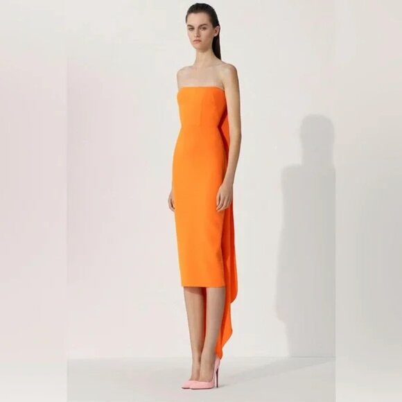 Alex Perry Hall Orange Strapless Crepe Cocktail Midi Dress Draped Gown - Picture 1 of 9